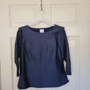 Ruffle-Trim Navy Blouse with Three-Quarter Sleeves